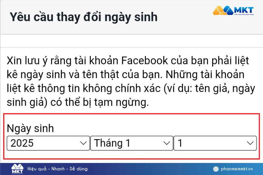 thay đổi năm sinh trên Facebook khi bị giới hạn