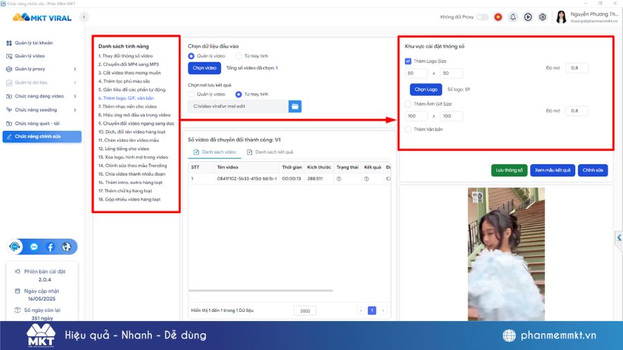 Giao diện tính năng chỉnh sửa video tự động của MKT Viral