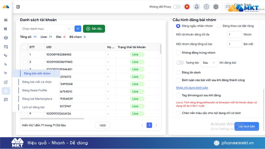 Giao diện tính năng đăng bài tự động của phần mềm MKT Care
