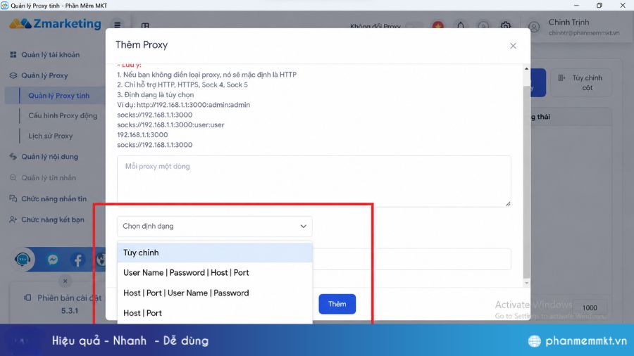 Chăm sóc và quản lý nhiều tài khoản Zalo bằng proxy từ A-Z 2 Thêm proxy vào phần mềm nuôi nick Zalo