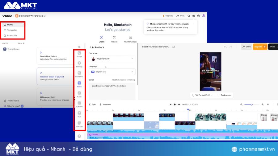 Tạo sub nhanh chóng với giao diện Veed.io