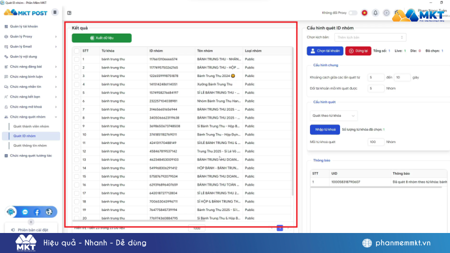 Giao diện chức năng quét nhóm tự động của MKT Post