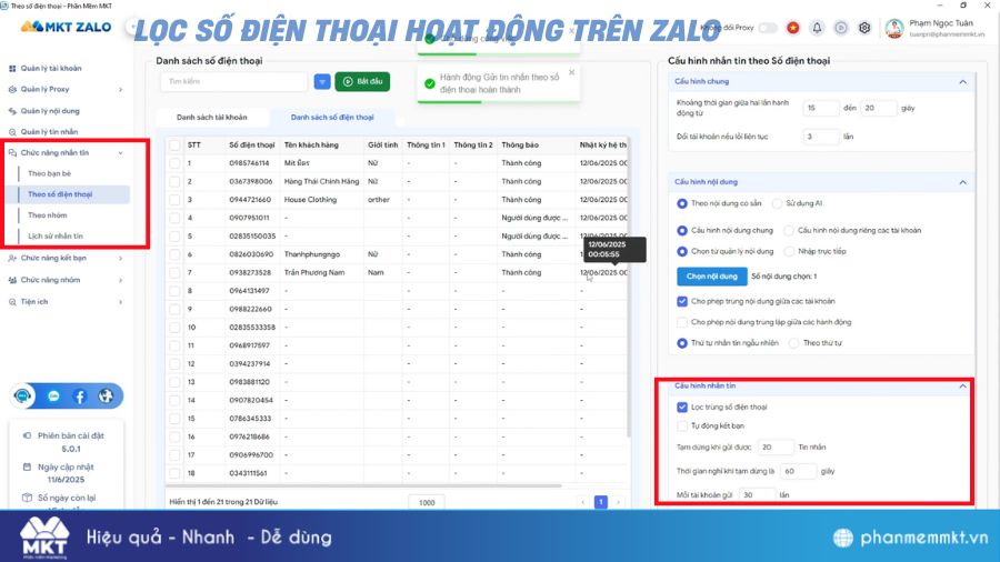 Lọc số điện thoại hoạt động trên Zalo