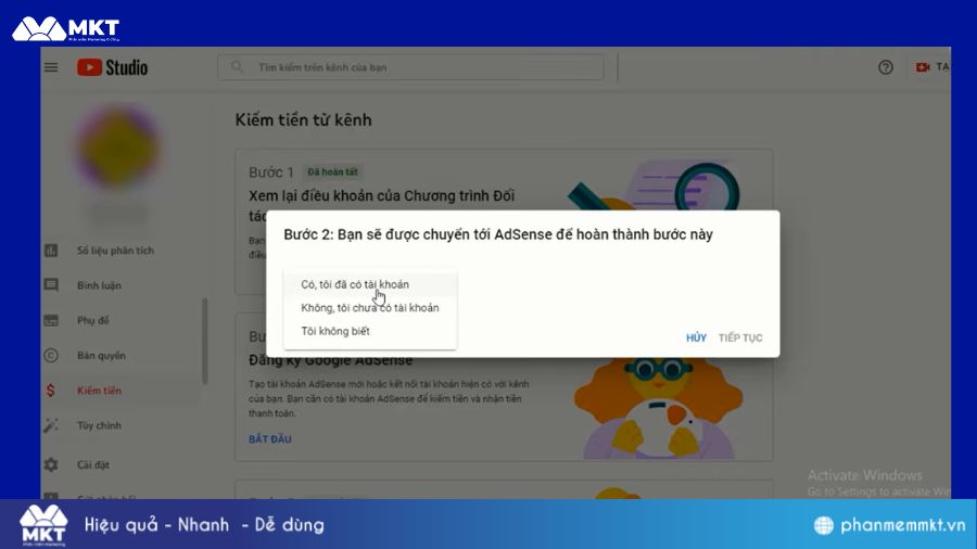 Bật kiếm tiền trên YouTube
