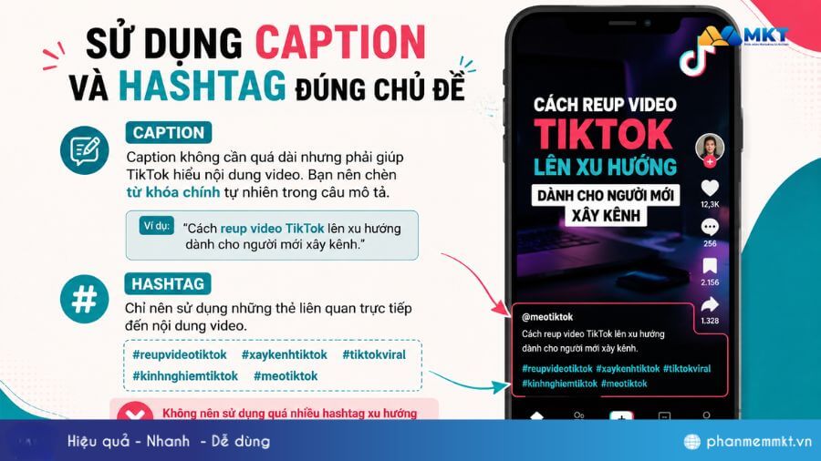 Bật mí 9 cách reup video TikTok lên xu hướng ít ai biết 4 Sử dụng caption và hashtag đúng chủ đề