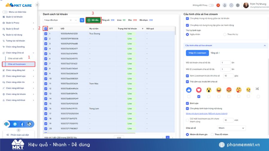 Giao diện tính năng chia sẻ livestream công khai trên Facebook tự động của MKT Care