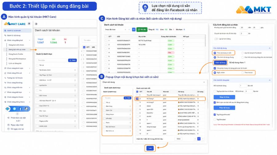 Hướng dẫn đăng bài Facebook cá nhân bằng phần mềm MKT Care 3 Lựa chọn nội dung có sẵn để đăng lên Facebook cá nhân.