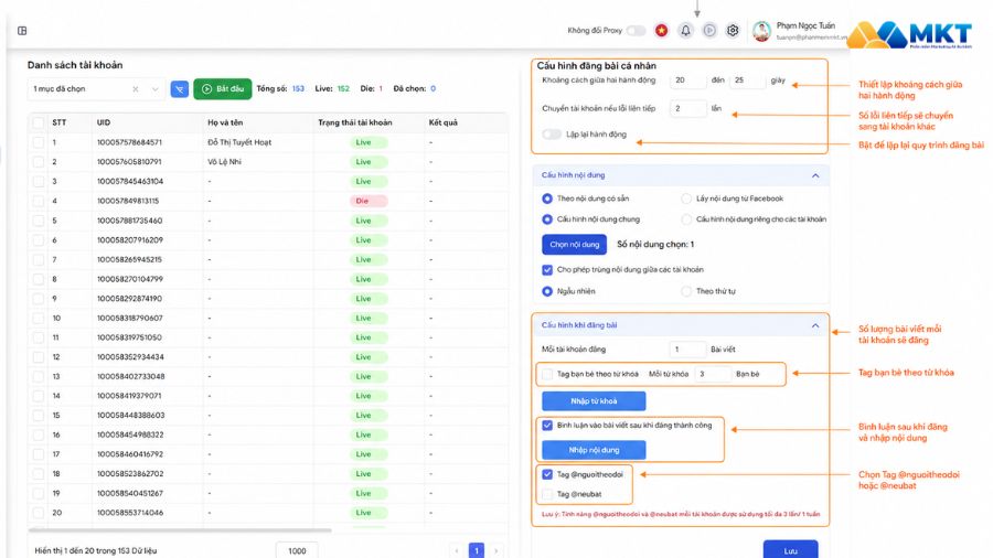 Hướng dẫn đăng bài Facebook cá nhân bằng phần mềm MKT Care 4 Cấu hình đăng bài tự động trên MKT Care
