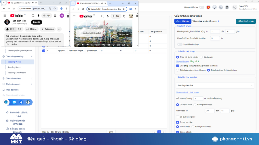 Phần mềm MKT Tube tự động seeding video