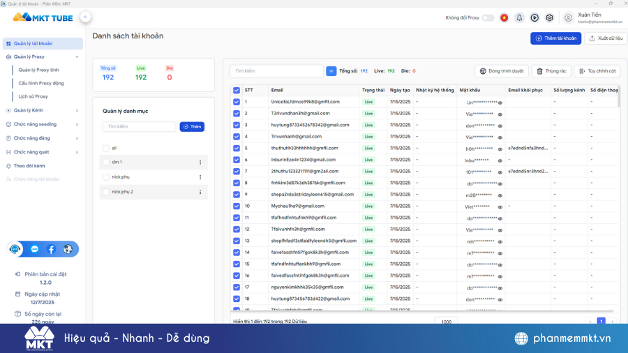 Phần mềm MKT Tube quản lý tài khoản tự động