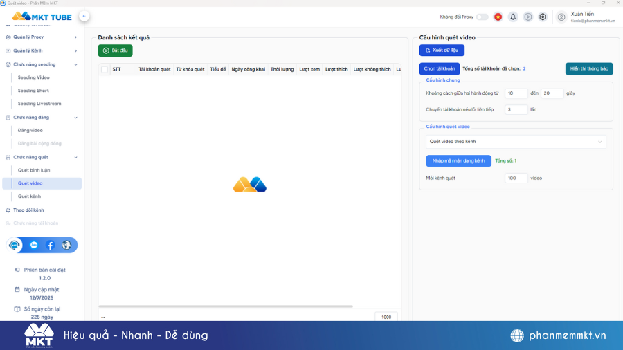 Phần mềm MKT Tube quét dữ liệu Youtube tự động