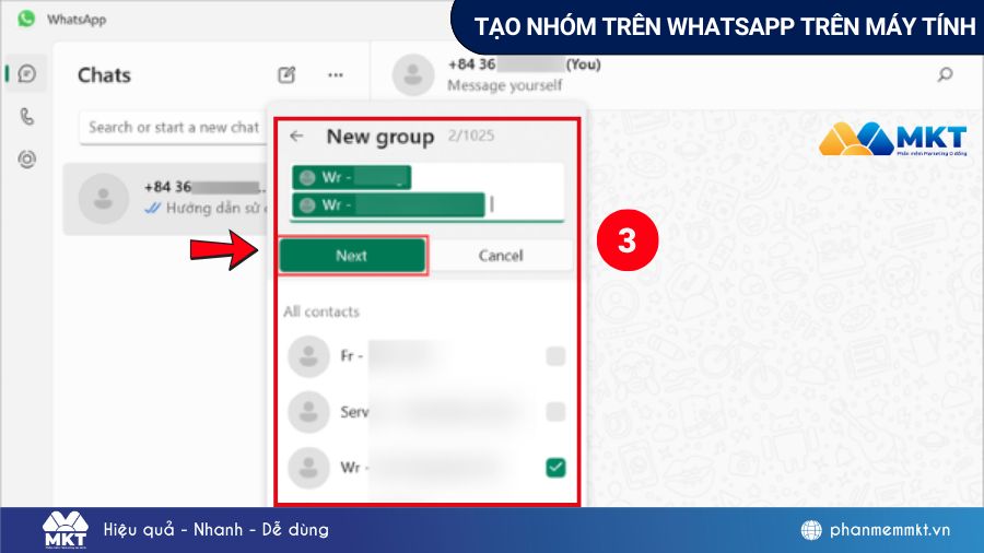 Chọn thành viên & thiết lập nhóm WhatsApp