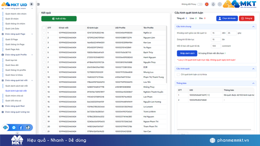 Bí quyết giúp Nhất Tùng Sport X3 lượng khách mua hàng online mà không phụ thuộc quảng cáo 2 Giao diện quét data khách hàng tiềm năng của MKT UID