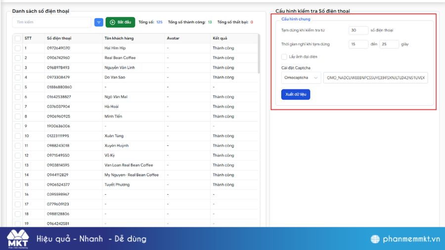 Thiết lập cấu hình lọc danh sách số Zalo