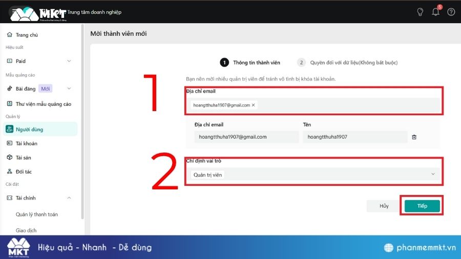 Chọn vai trò cần phân quyền