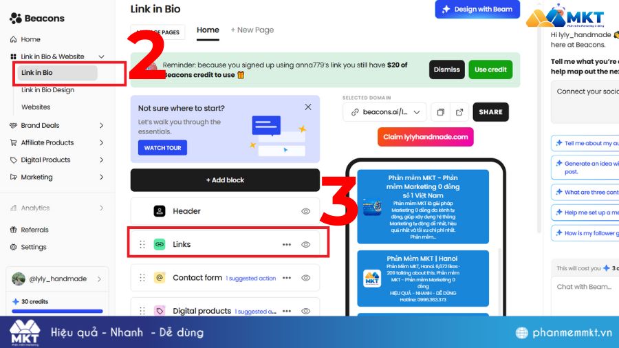 Tạo link bio TikTok bằng beacons