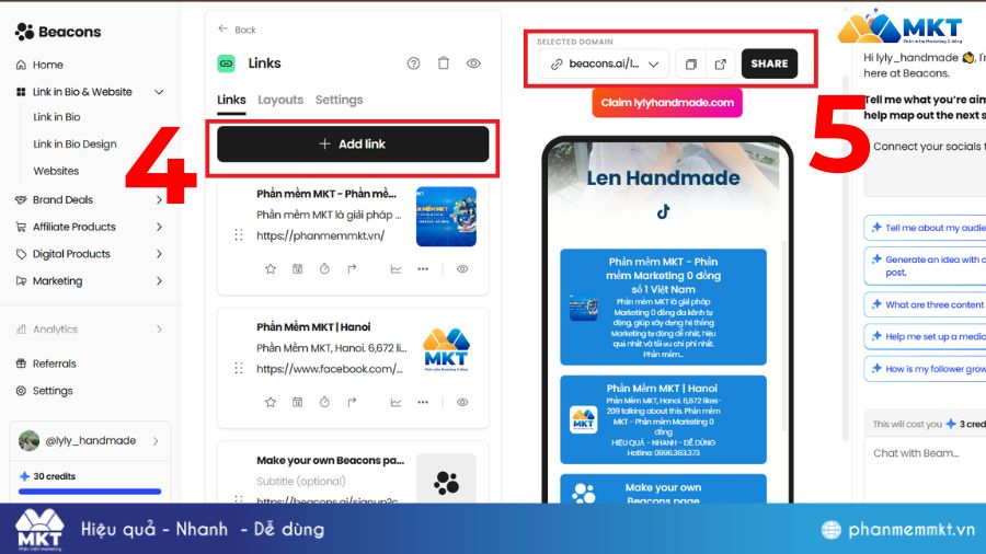 Cách tạo link bio TikTok bằng beacons