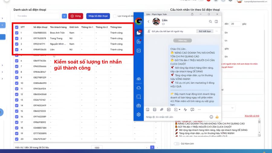Gửi tin nhắn hàng loạt MKT Zalo Gửi tin nhắn hàng loạt thành công