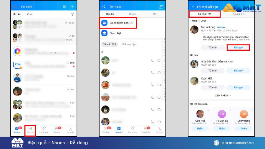 Tương tự như trên máy tính, điện thoại ta làm tương tự Cách xem lịch sử kết bạn Zalo nhanh & chi tiết
