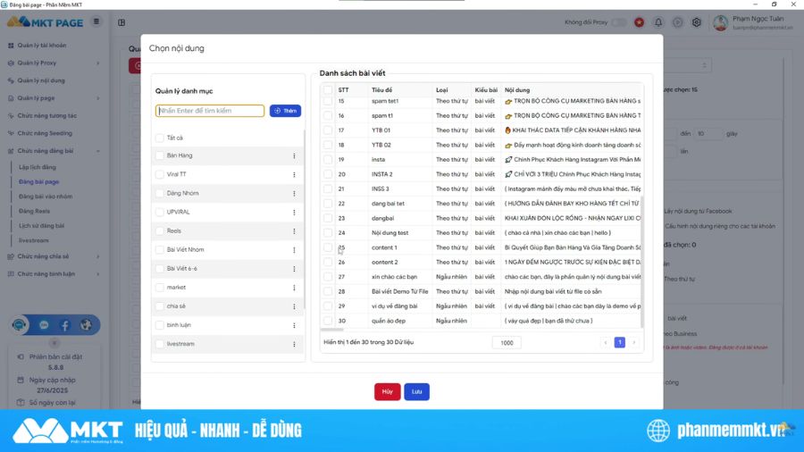 Chọn nội dung cho hàng loạt Fanpage 