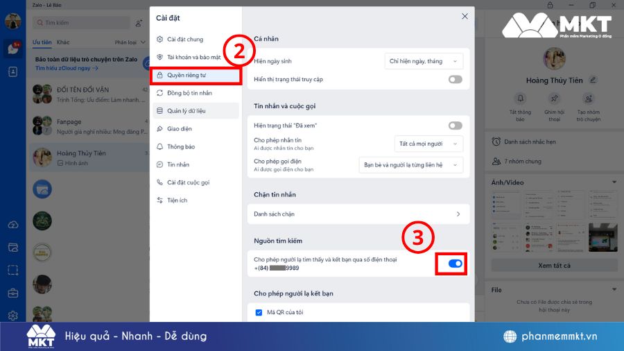 Gạt công tắc cho phép người lạ thấy sô điện thoại ở quyền riêng tư Làm sao để ẩn sdt trên Zalo? Cách làm chi tiết nhất
