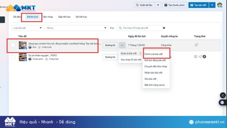 Chỉnh sửa bài viết đã lên lịch trên Facebook Chỉnh sửa bài viết đã lên lịch trên Facebook