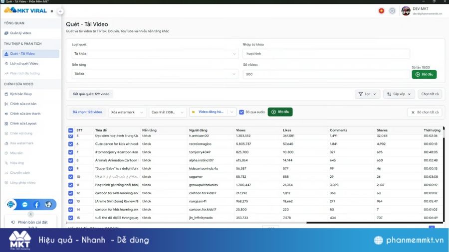 Giao diện chức năng quét - tải video của phần mềm MKT Viral Ver 2 Phần mềm MKT Viral Ver 2
