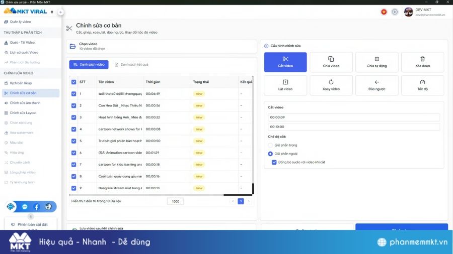 Giao diện chỉnh sửa video của phần mềm MKT Viral Ver 2 Phần mềm MKT Viral Ver 2