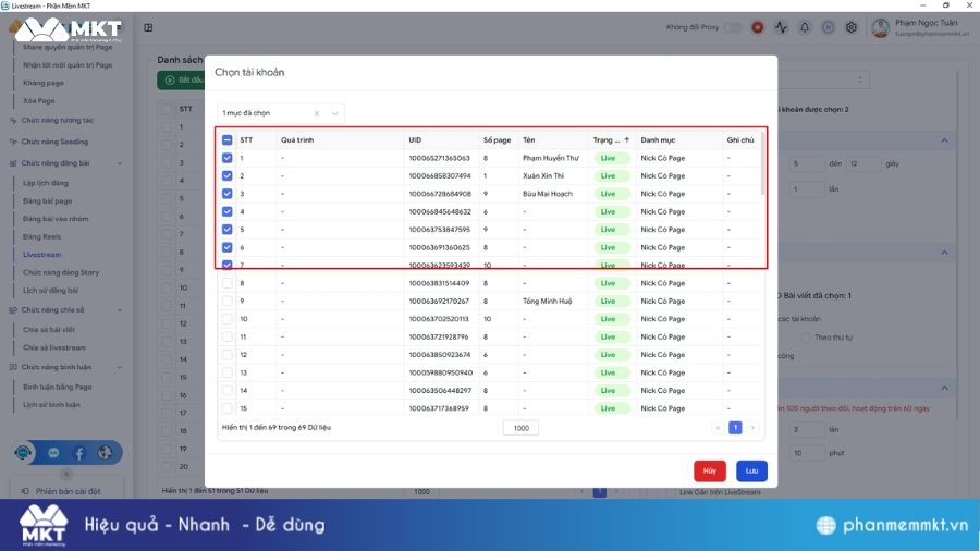 Tích chọn các tài khoản Cách phát lại live trên Facebook