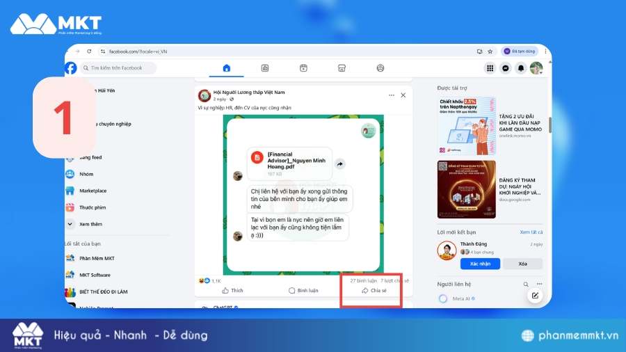Mở bài viết và nhấn vào biểu tượng chia sẻ ở góc bài viết Cách copy link Facebook
