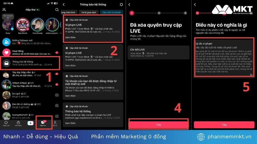 Vào phần Hộp thư và xem thông báo TikTok Gỡ vi phạm tiêu chuẩn cộng đồng TikTok