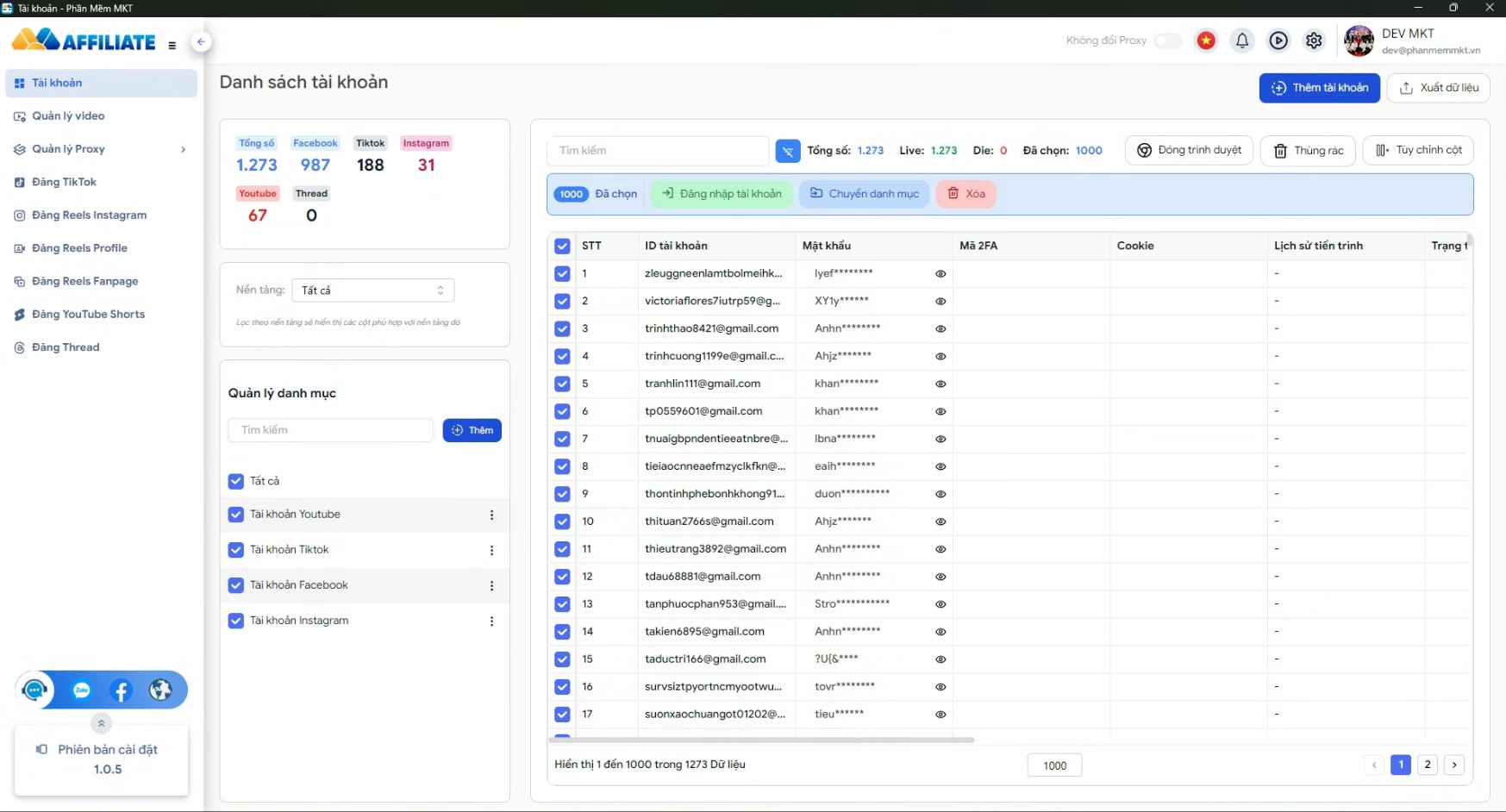Quản lý hàng 1000+ tài khoản đa kênh tự động Phần mềm làm Affiliate đa kênh xây dựng hệ thống bền vững