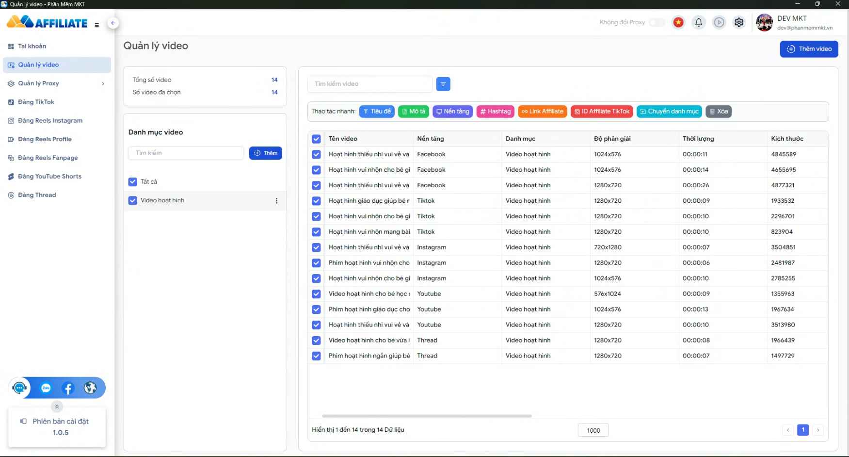 Quản lý 1000+ video và chia đa dạnh các danh mục Phần mềm làm Affiliate đa kênh xây dựng hệ thống bền vững