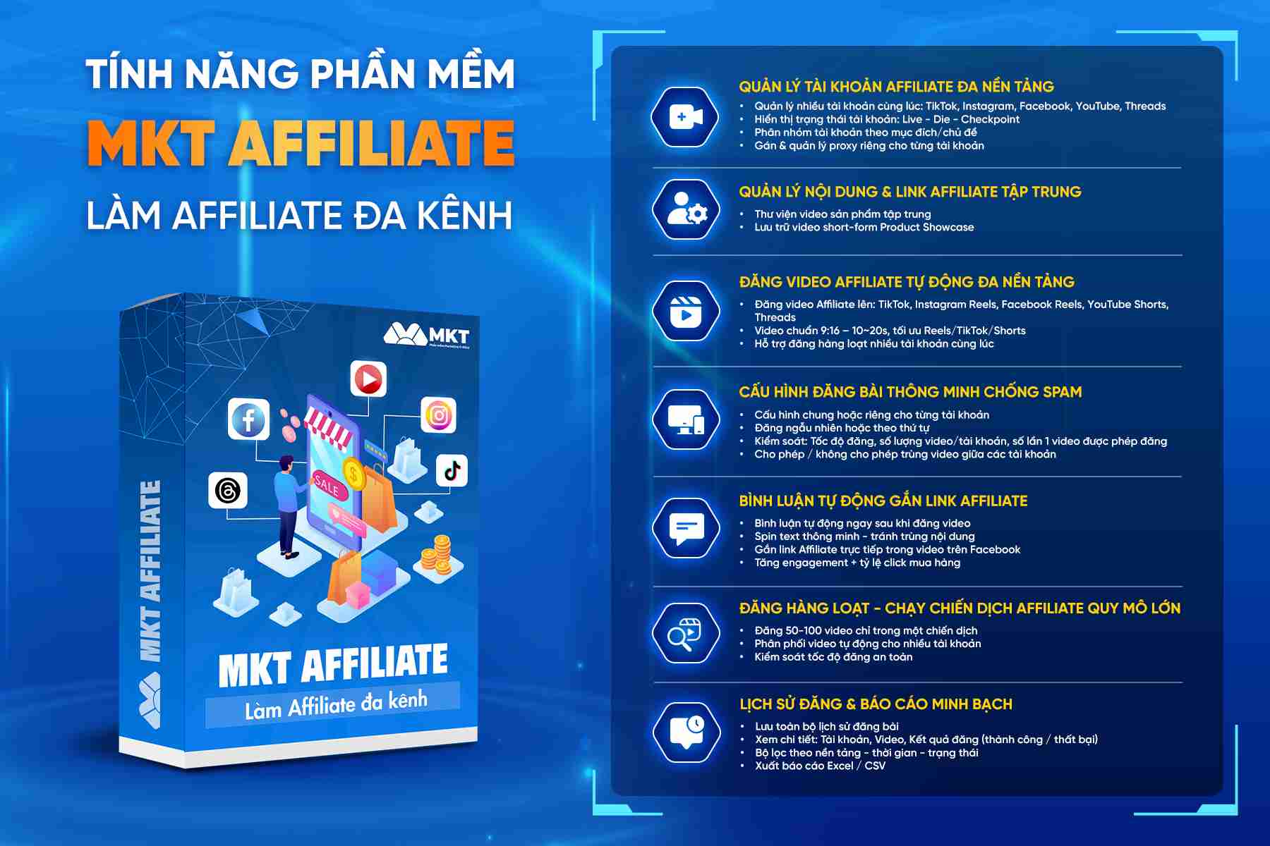 Bảng tính năng MKT MKT AFFILIATE Phần mềm làm Affiliate đa kênh xây dựng hệ thống bền vững