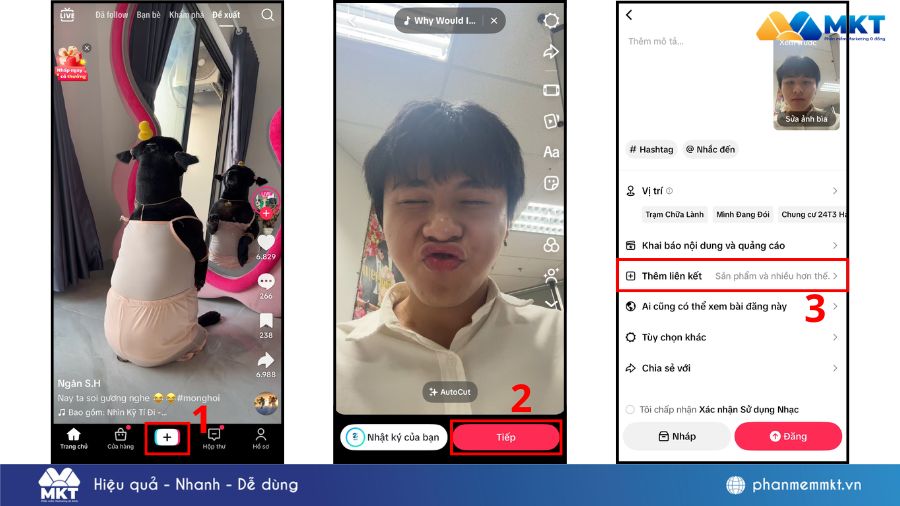 Quay hoặc tải video lên TikTok cách gắn link sản phẩm trên tiktok