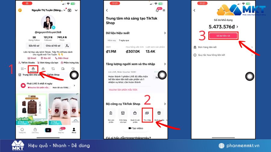 Vào TikTok Shop và chọn số dư rút tiền Cách rút tiền từ TikTok Affiliate