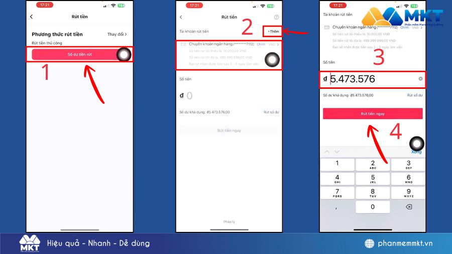 Sau khi thêm thành công, hãy chọn tài khoản ngân hàng vừa liên kết để tiếp tục. Cách rút tiền từ TikTok Affiliate