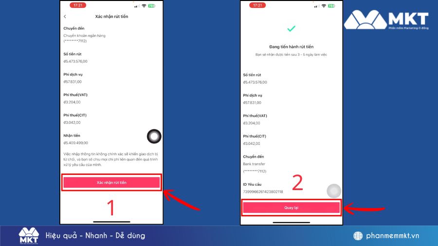 Đến đây bạn chỉ cần đợi để tiền về ngân hàng của bạn Cách rút tiền từ TikTok Affiliate