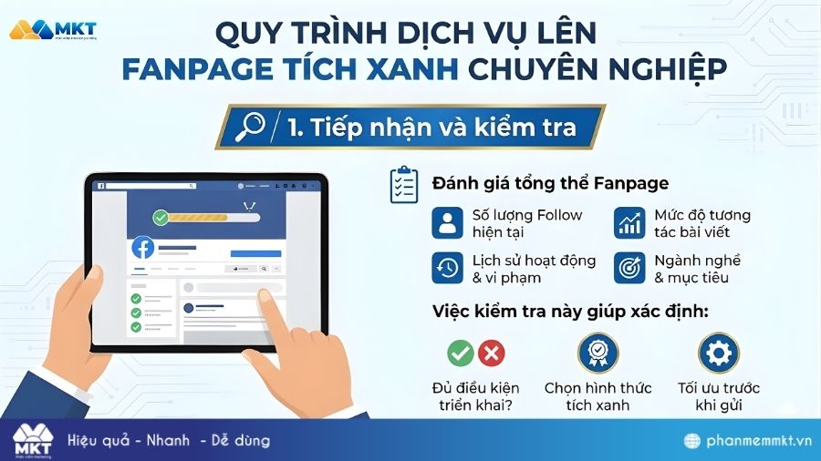 Lên tích xanh Fanpage chuyên nghiệp Quy trình lên tích xanh Fanpage chuyên nghiệp: Tiếp nhận và kiểm tra
