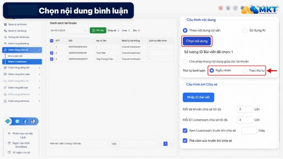 Auto share livestream với phần mềm share livestream MKT Care 4 Nhập nội dung seeding cho buổi livestream