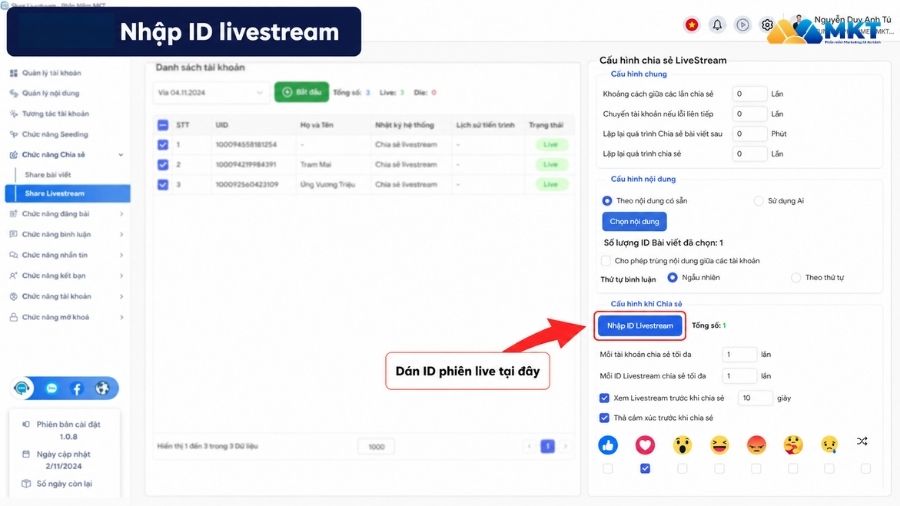 Auto share livestream với phần mềm share livestream MKT Care 5 Nhập ID livestream và nội dung seeding