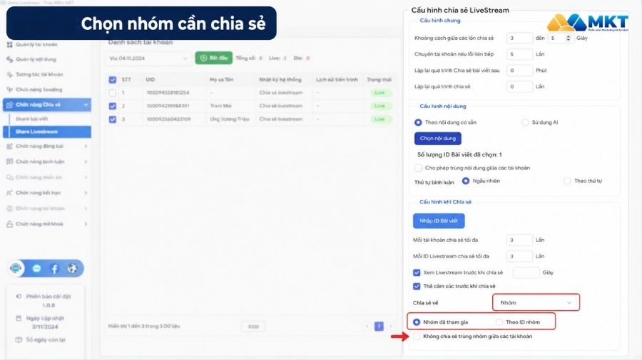 Auto share livestream với phần mềm share livestream MKT Care 6 Nhập nội dung seeding cho buổi livestream