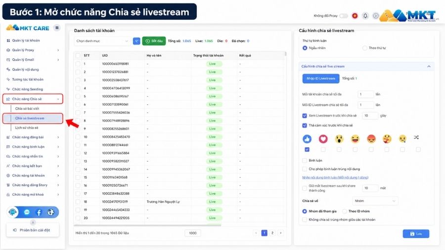 Auto share livestream với phần mềm share livestream MKT Care 2 Chức năng chia sẻ livestream trên MKT Care