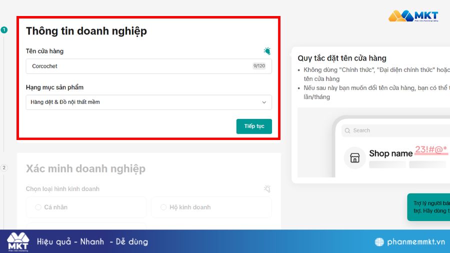 Điền thông tin hồ sơ người bán Bước 3: Thiết lập thông tin hồ sơ người bán