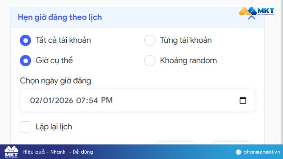 Hẹn giờ đăng theo lịch hàng loạt Hẹn giờ đăng theo lịch trên MKT TikPro