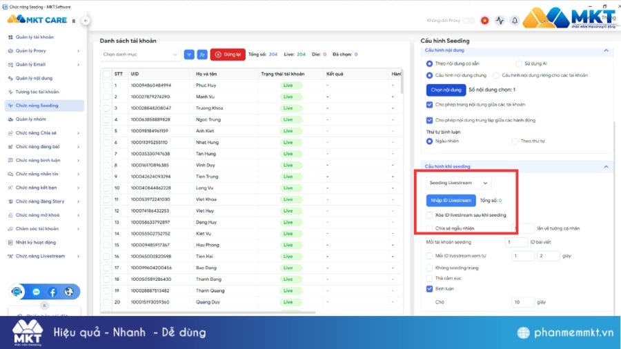 Chức năng seeding livestream của MKT Care Cách livestream bán hàng trên Facebook