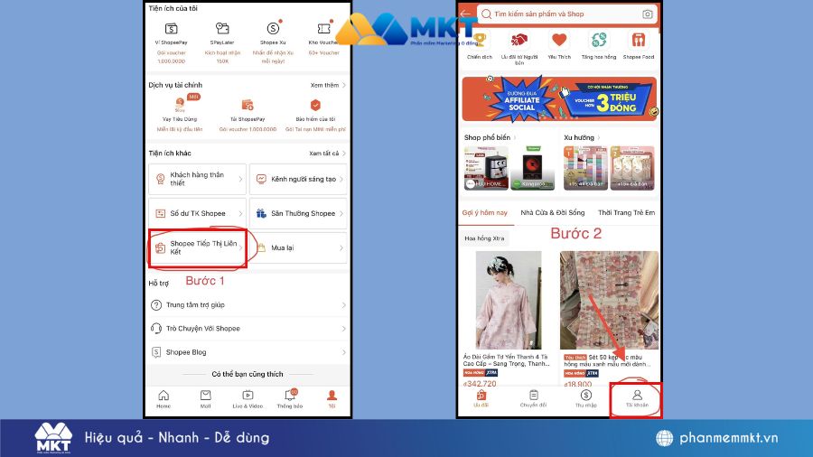 Nếu chưa thấy mục Affiliate, có thể Shopee đang cập nhật giao diện, bạn tìm theo thanh tìm kiếm chức năng trên app. Cách rút tiền hoa hồng Affiliate Shopee cho người mới
