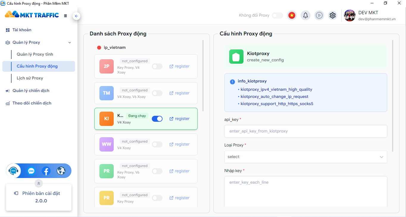 Proxy động và tĩnh kèm theo dõi chi tiết cho từng lần chạy chiến dịch Phần mềm MKT Traffic
