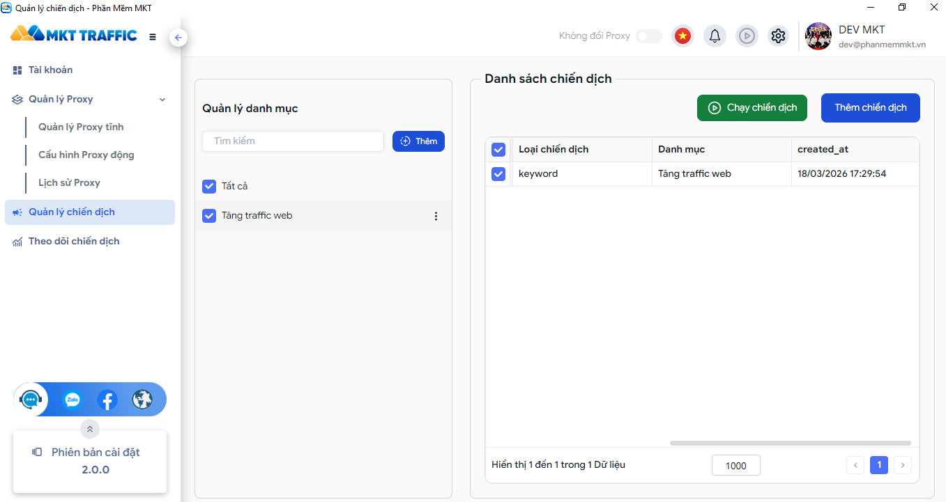 Tạo và quản lý nhiều chiến dịch SEO một lúc Phần mềm MKT Traffic