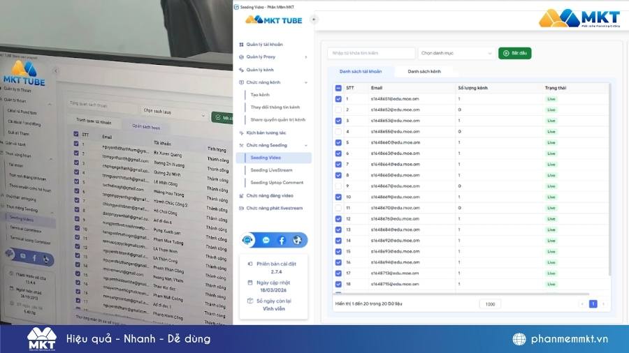 Anh Ninh sử dụng phần mềm MKT Tube để seeding hàng loạt video youtube Kênh YouTube Nhạc Hay 365